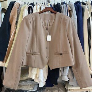 Elegant Taupe Blazer Jacket Gold Button Detail